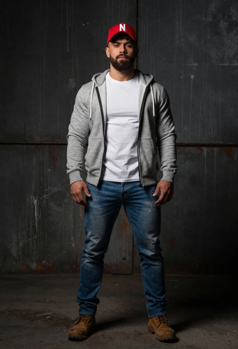 Muscular man in hoodie against industrial studio backdrop
