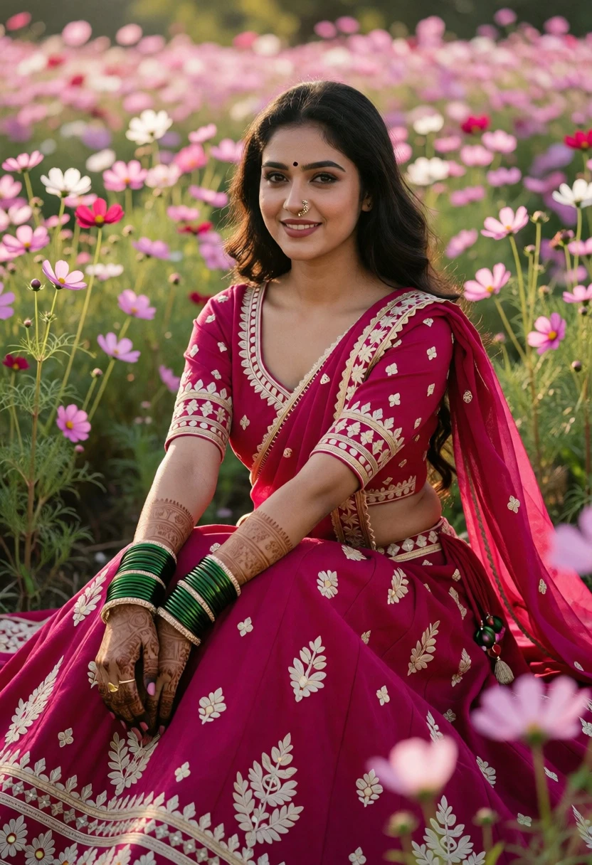 Young woman in magenta lehenga amidst pink and white cosmos flowers - AI generated image prompt sample