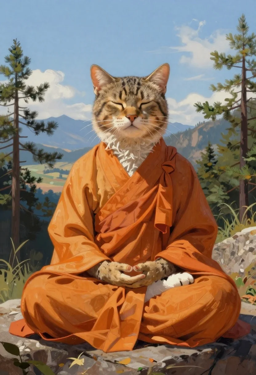 Tabby cat monk meditating on mountain rock