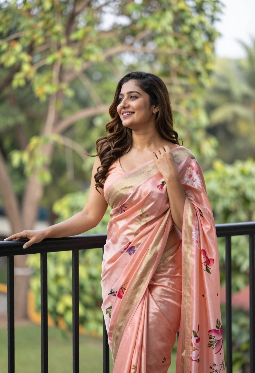 Woman in peach pink silk saree standing on balcony overlooking green trees