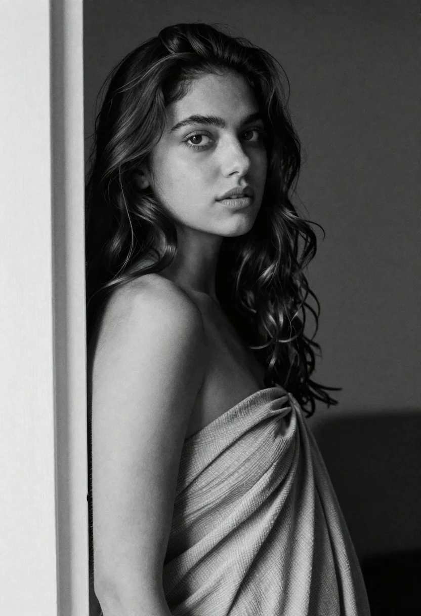 Black and white portrait of woman by doorframe - AI generated image prompt sample