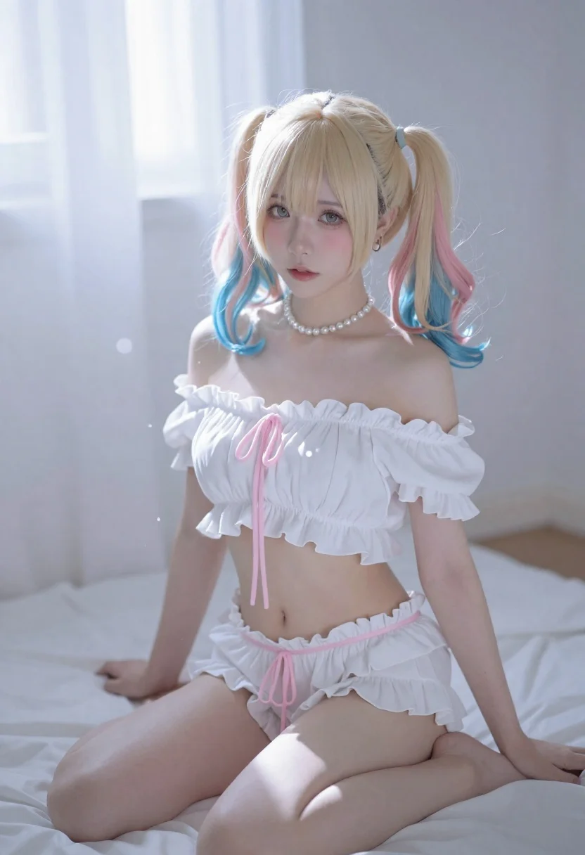 Young woman with blonde pigtails in white ruffled outfit - AI generated image prompt sample
