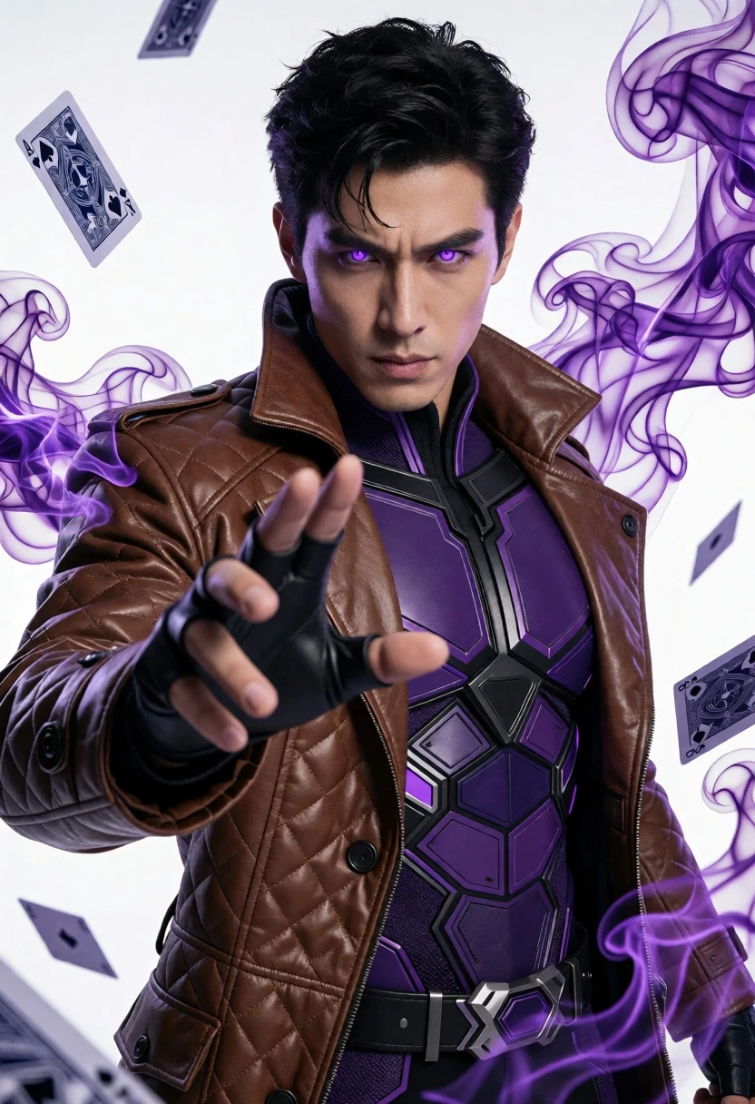 Man with glowing purple eyes in armored coat against white studio background - AI generated image prompt sample