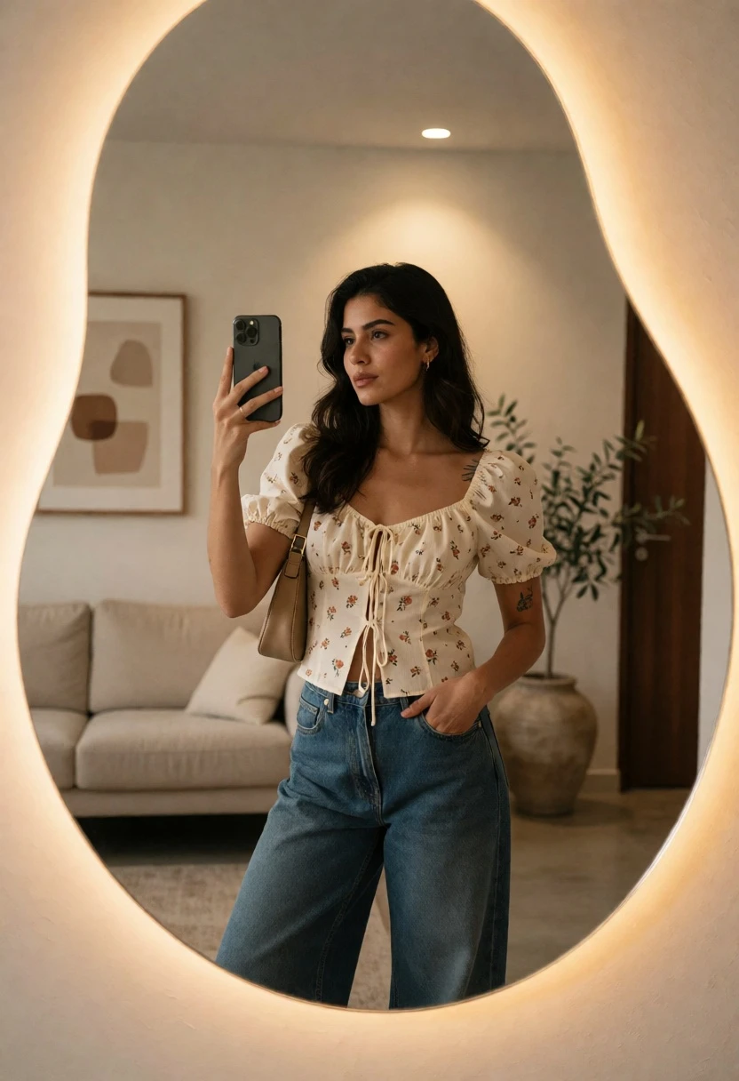 Woman taking a mirror selfie in a modern interior setting - AI generated image prompt sample