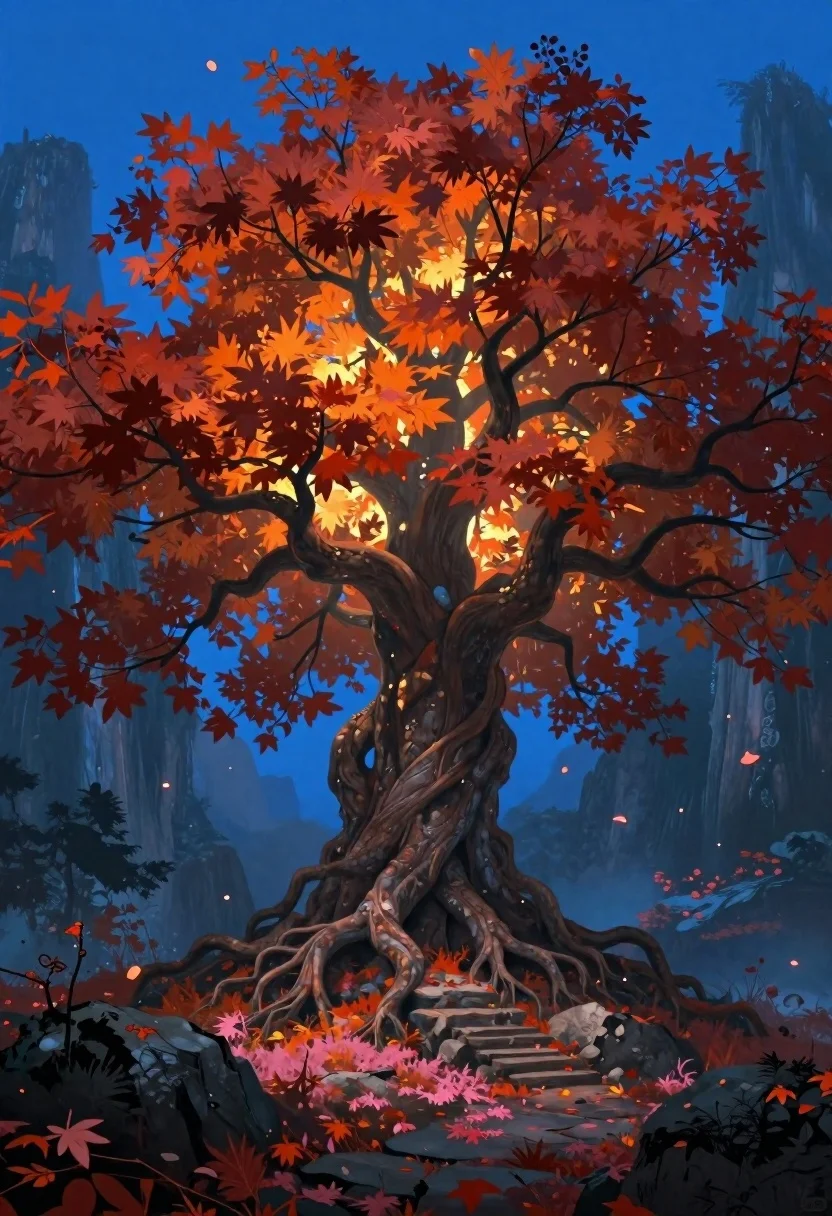 Ancient tree in mystical forest with autumn leaves