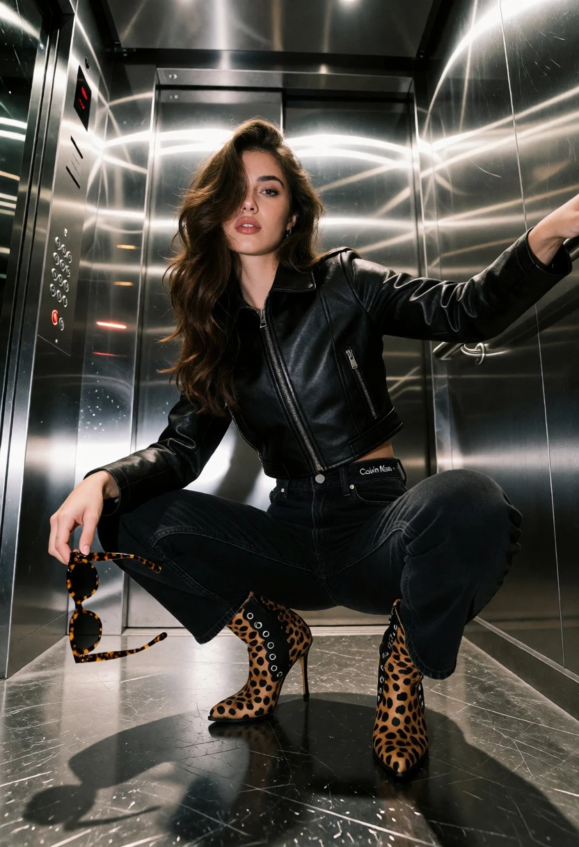 Young woman in black leather outfit squatting inside modern stainless steel elevator - AI generated image prompt sample