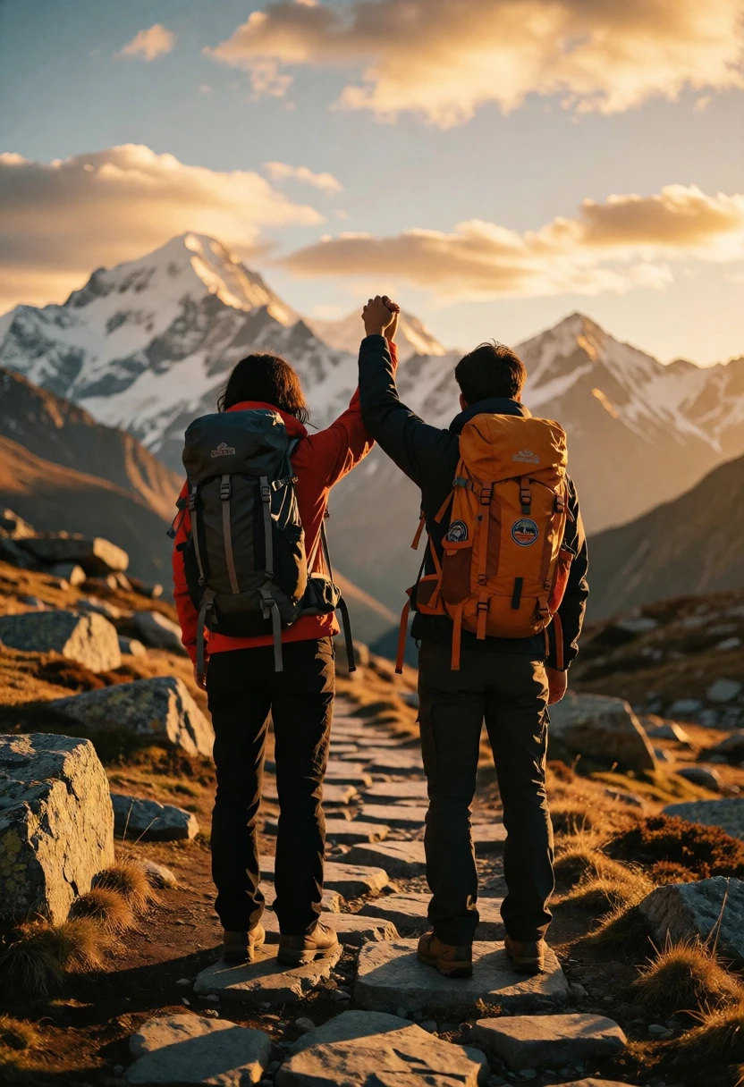 Two hikers holding hands viewing majestic mountain range at golden hour - AI generated image prompt sample