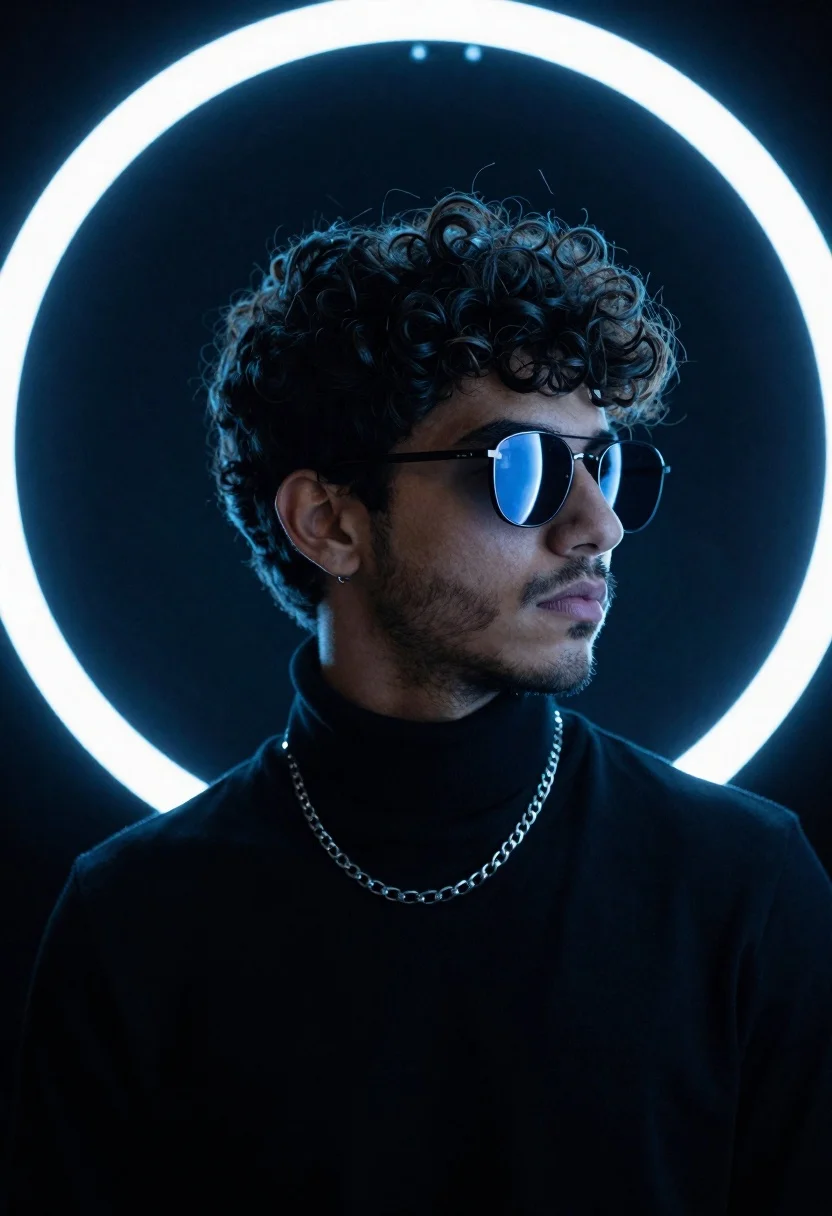 Portrait of young man in black turtleneck against glowing circular neon light - AI generated image prompt sample
