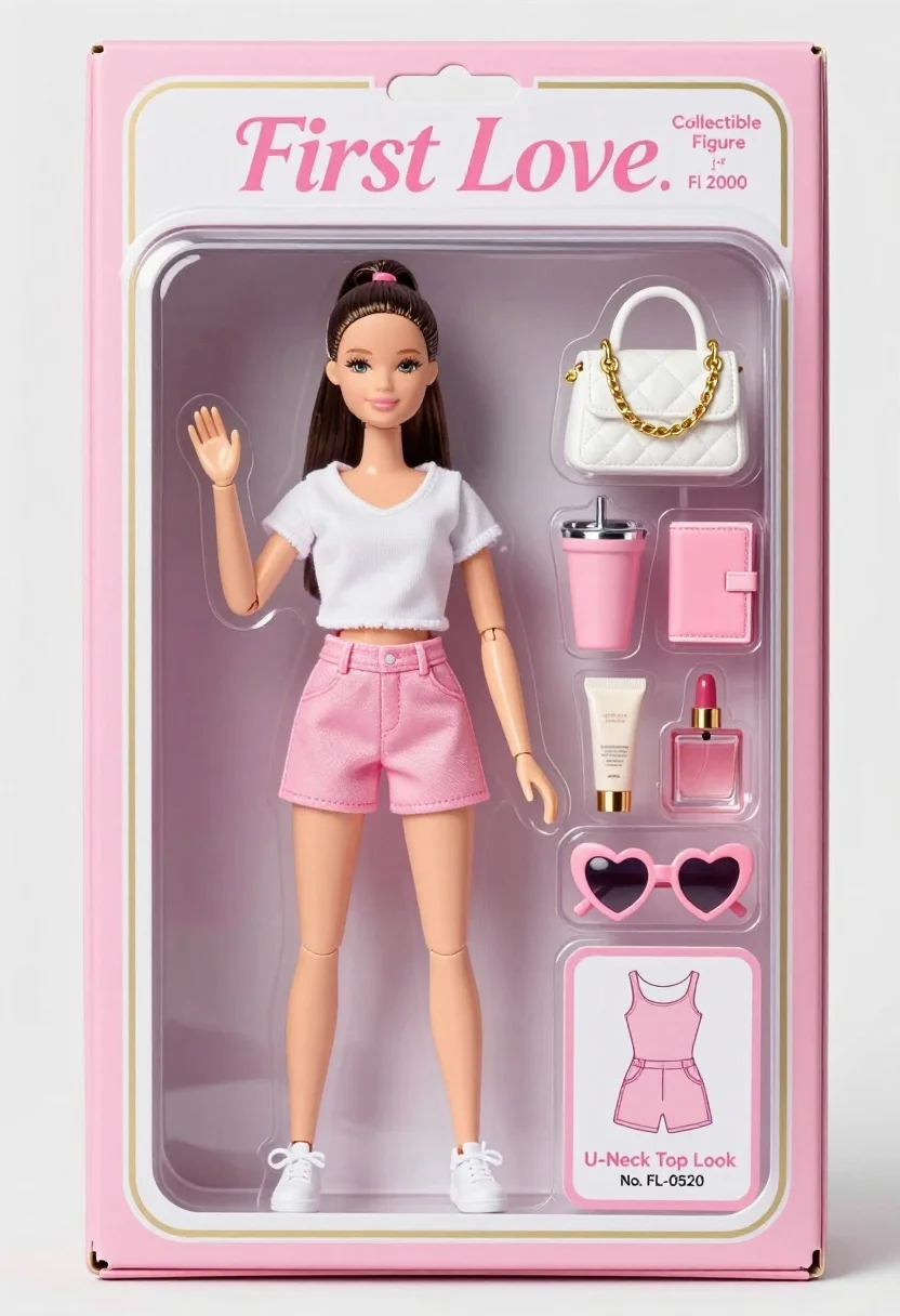 Collectible doll figure displayed in clear packaging box with accessories - AI generated image prompt sample