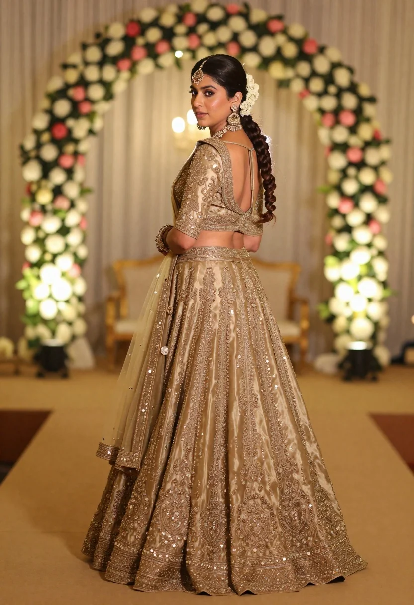 Woman in embroidered gold lehenga standing in floral archway interior - AI generated image prompt sample