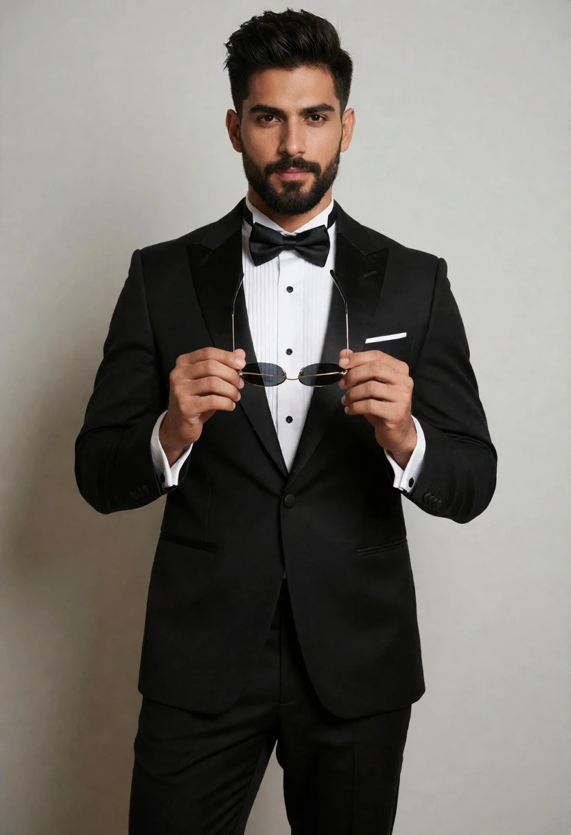 Handsome man in black tuxedo holding sunglasses against a light grey wall - AI generated image prompt sample