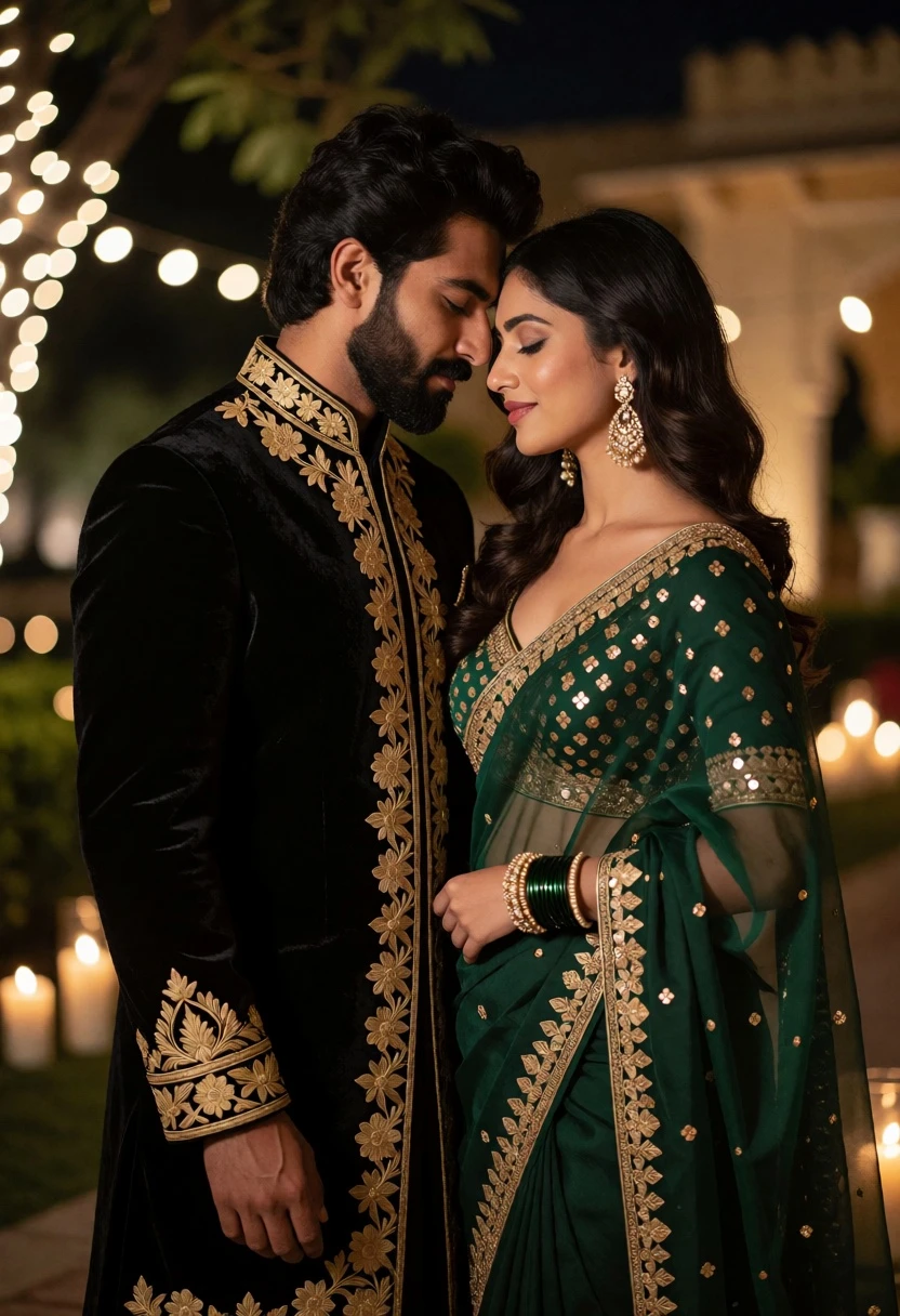 Romantic portrait of couple in traditional indian wear touching foreheads at night - AI generated image prompt sample