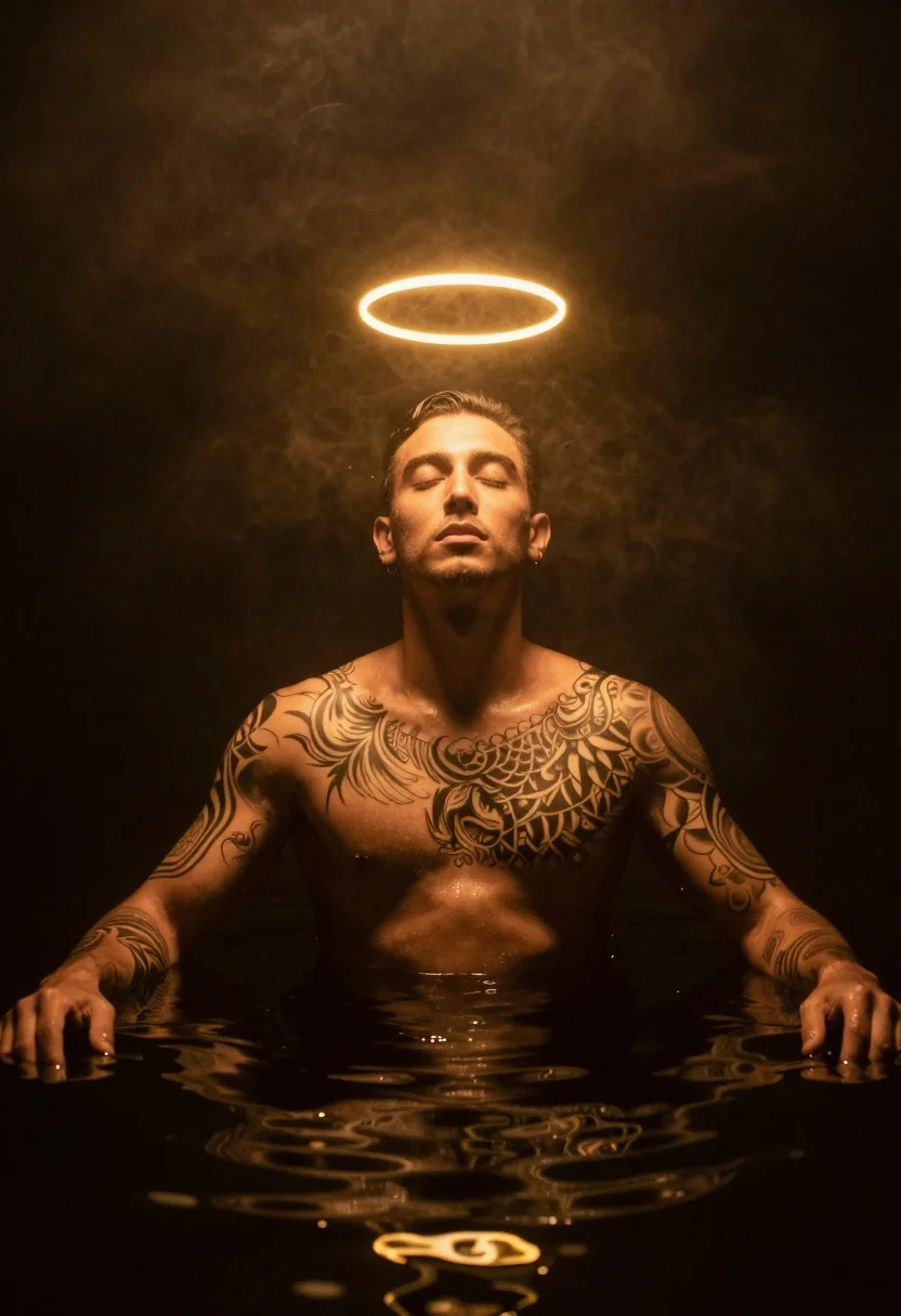 Shirtless tattooed man in dark water with golden halo