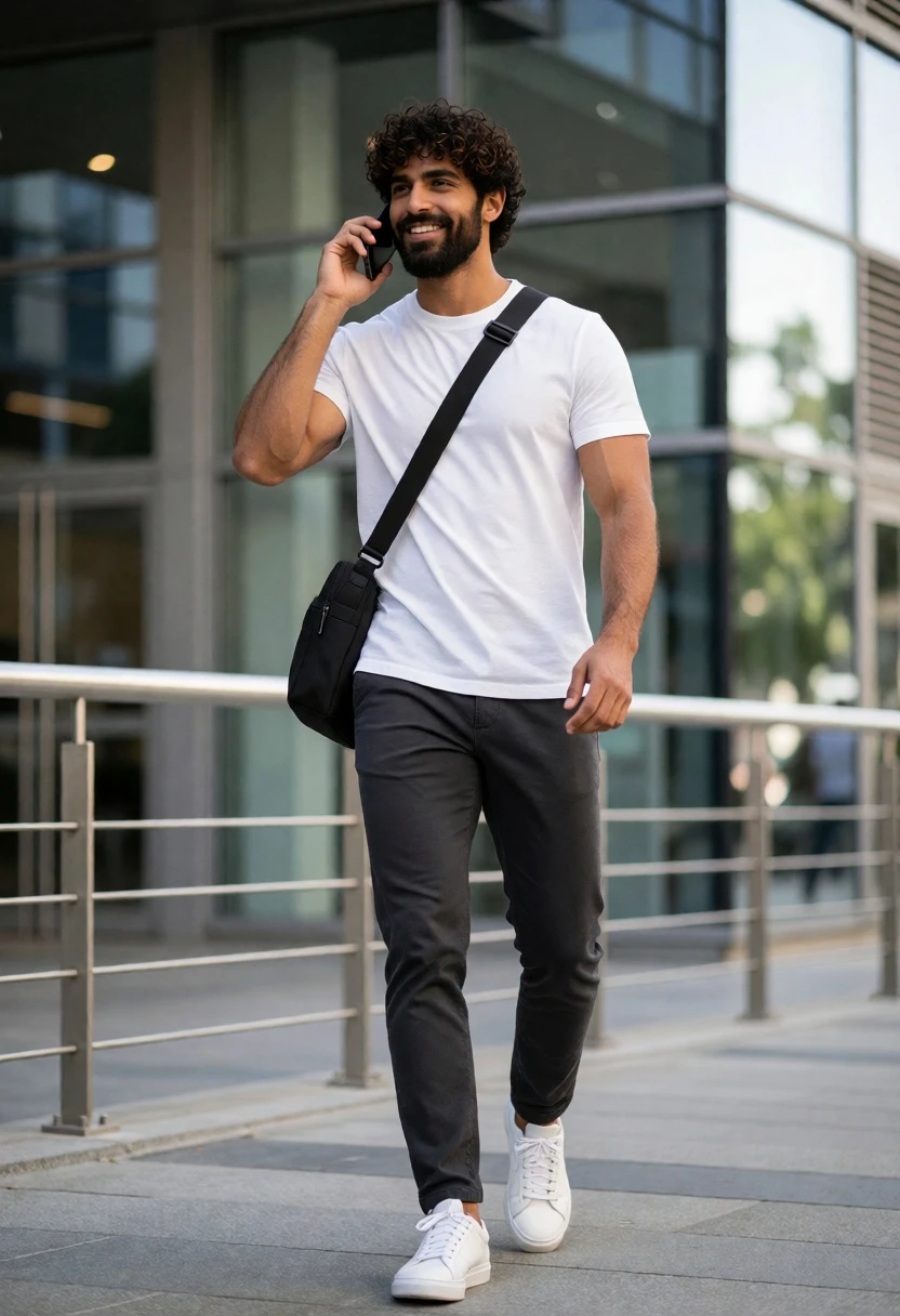 Fit man walking outdoors talking on smartphone near modern glass architecture - AI generated image prompt sample