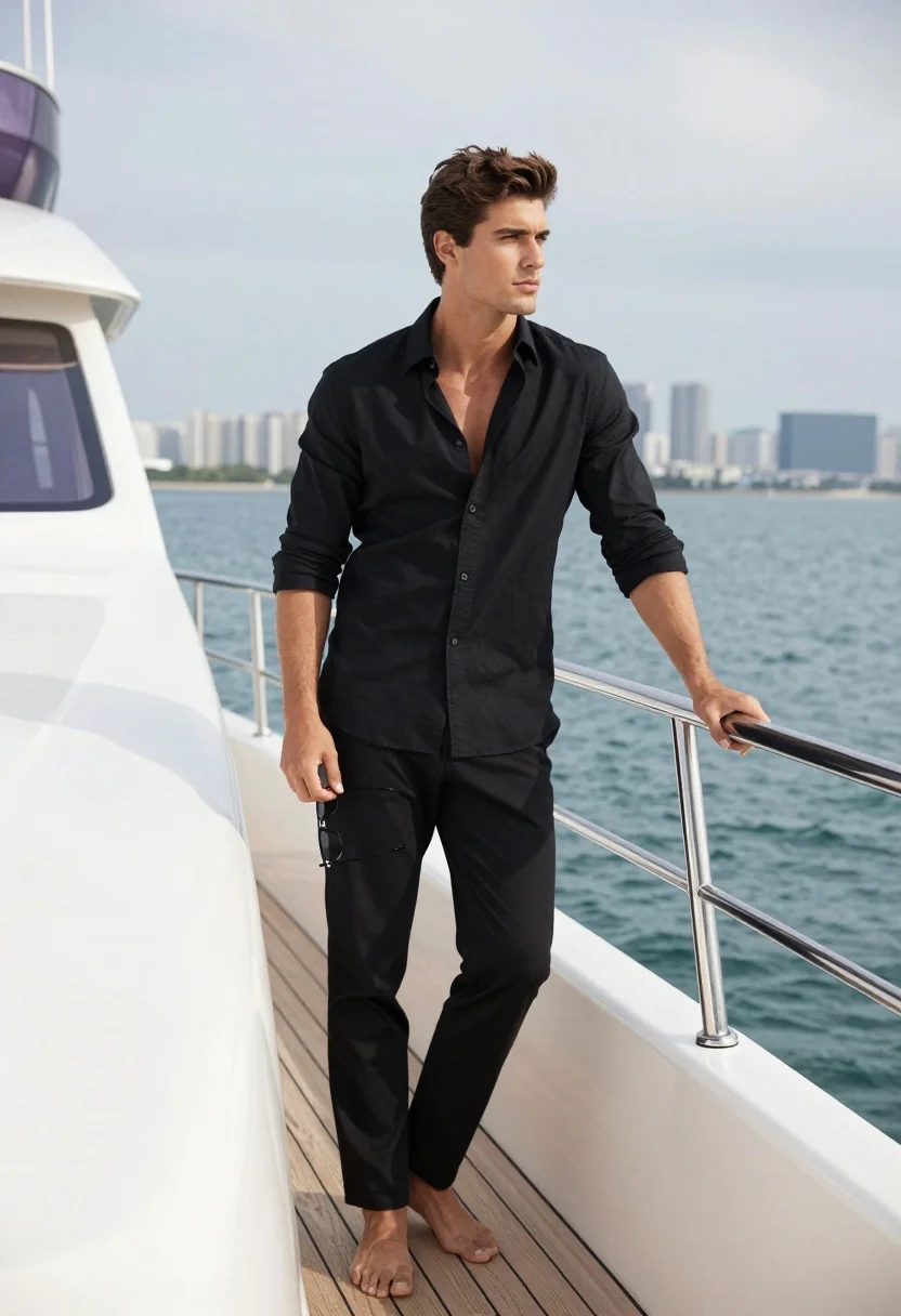 Handsome young man on luxury yacht overlooking blue sea and city skyline - AI generated image prompt sample