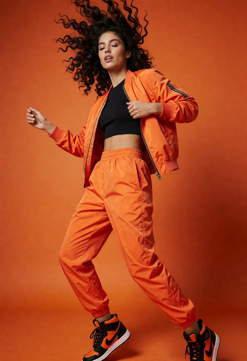 Full body shot of woman in orange tracksuit against solid backdrop - AI generated image prompt sample