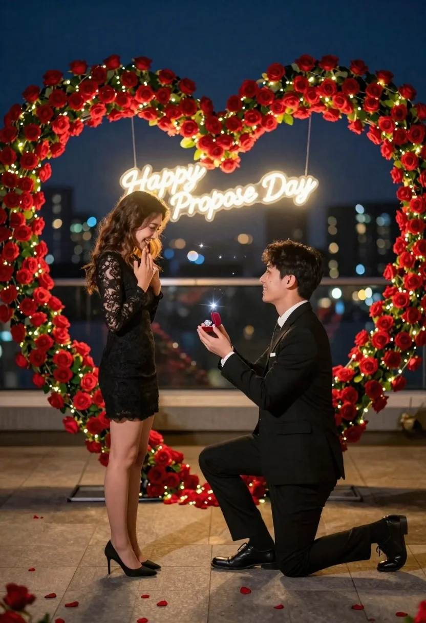 Man proposing to woman on rooftop terrace with rose arch at night - AI generated image prompt sample