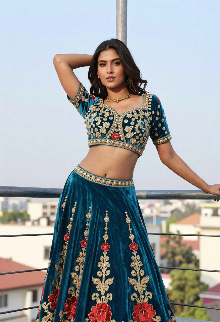 Young woman in teal embroidered lehenga on an outdoor balcony