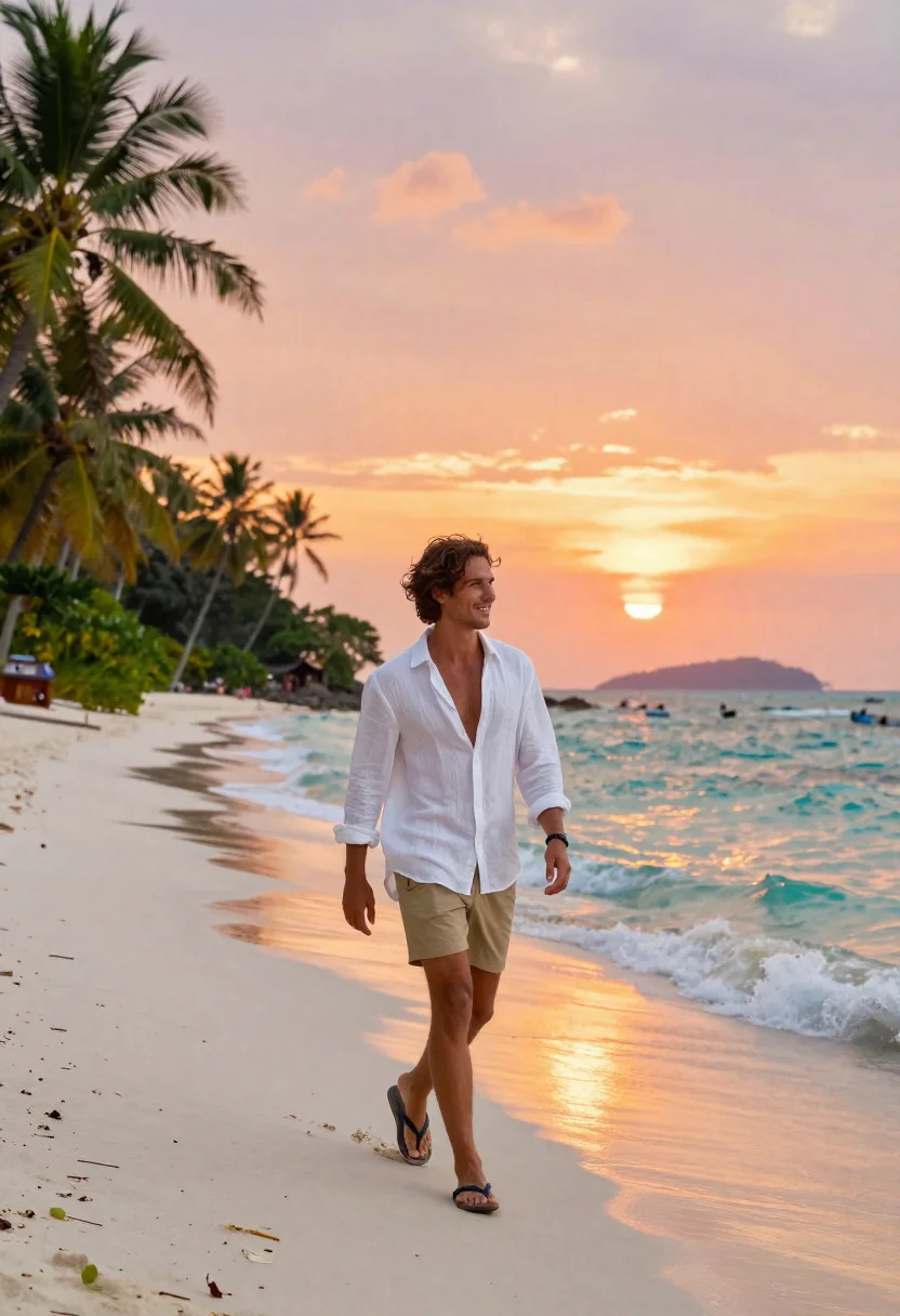 Fit man walking barefoot on tropical beach at vibrant sunset