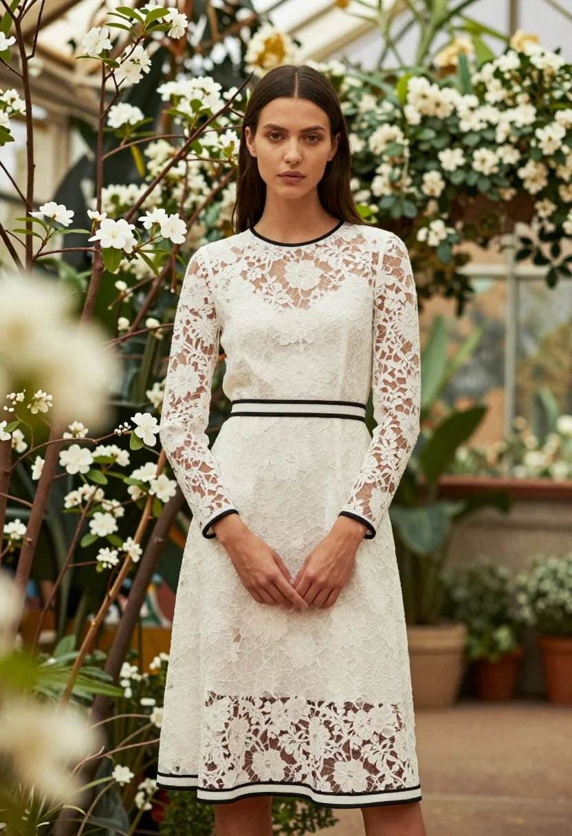 Young woman in white lace dress standing in lush floral garden setting - AI generated image prompt sample