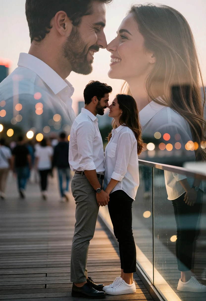 Romantic couple on wooden boardwalk with double exposure cityscape at dusk - AI generated image prompt sample