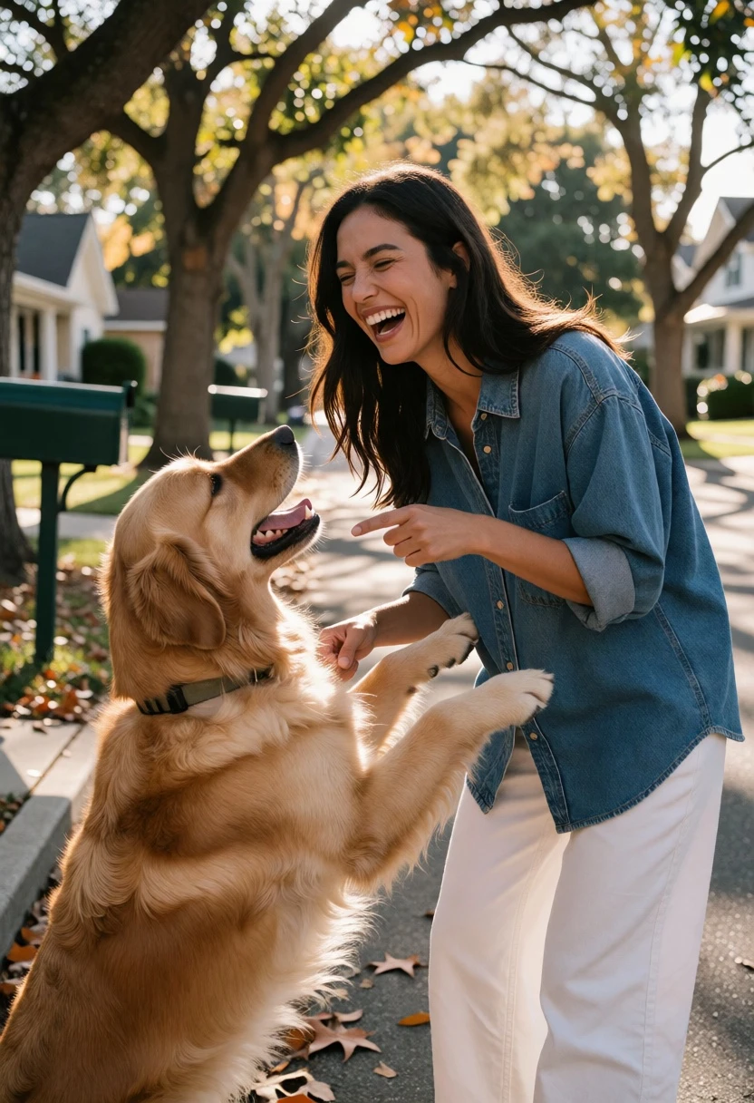 Joyful woman laughing with golden retriever on suburban street - AI generated image prompt sample