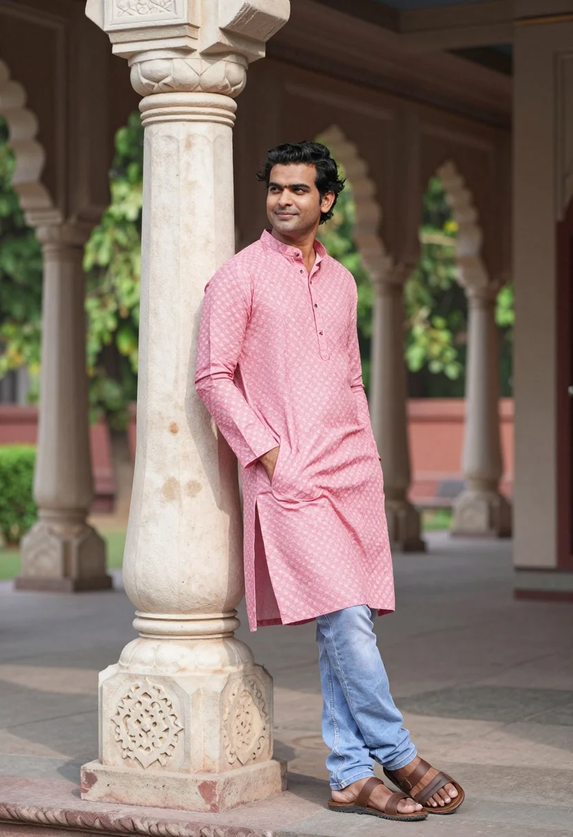 Man in pink kurta leaning against stone pillar outdoors with foliage background - AI generated image prompt sample