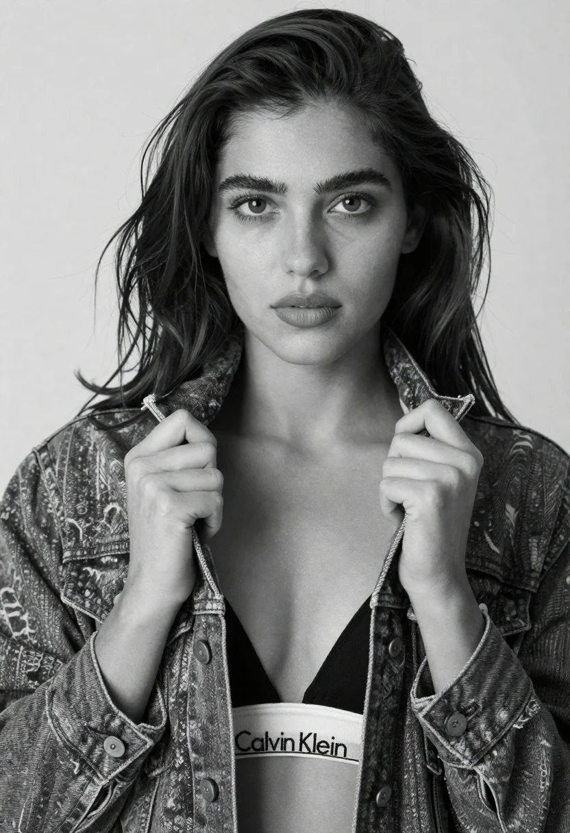 Black and white close up portrait of young woman with dark hair