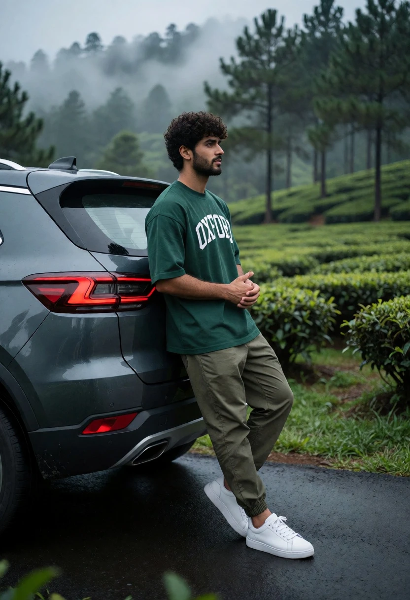 Young man leaning on dark suv in misty tea plantation road - AI generated image prompt sample