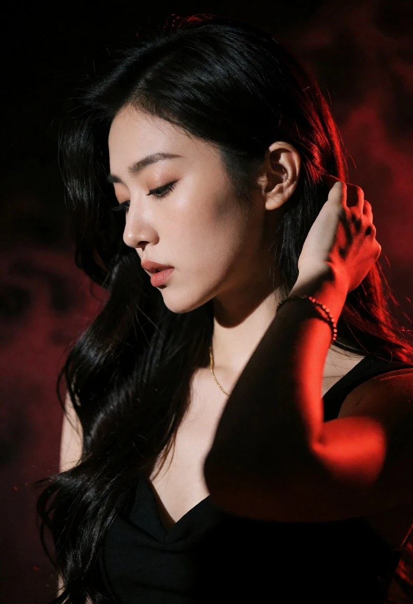 Dramatic profile portrait of woman with black hair in red haze - AI generated image prompt sample