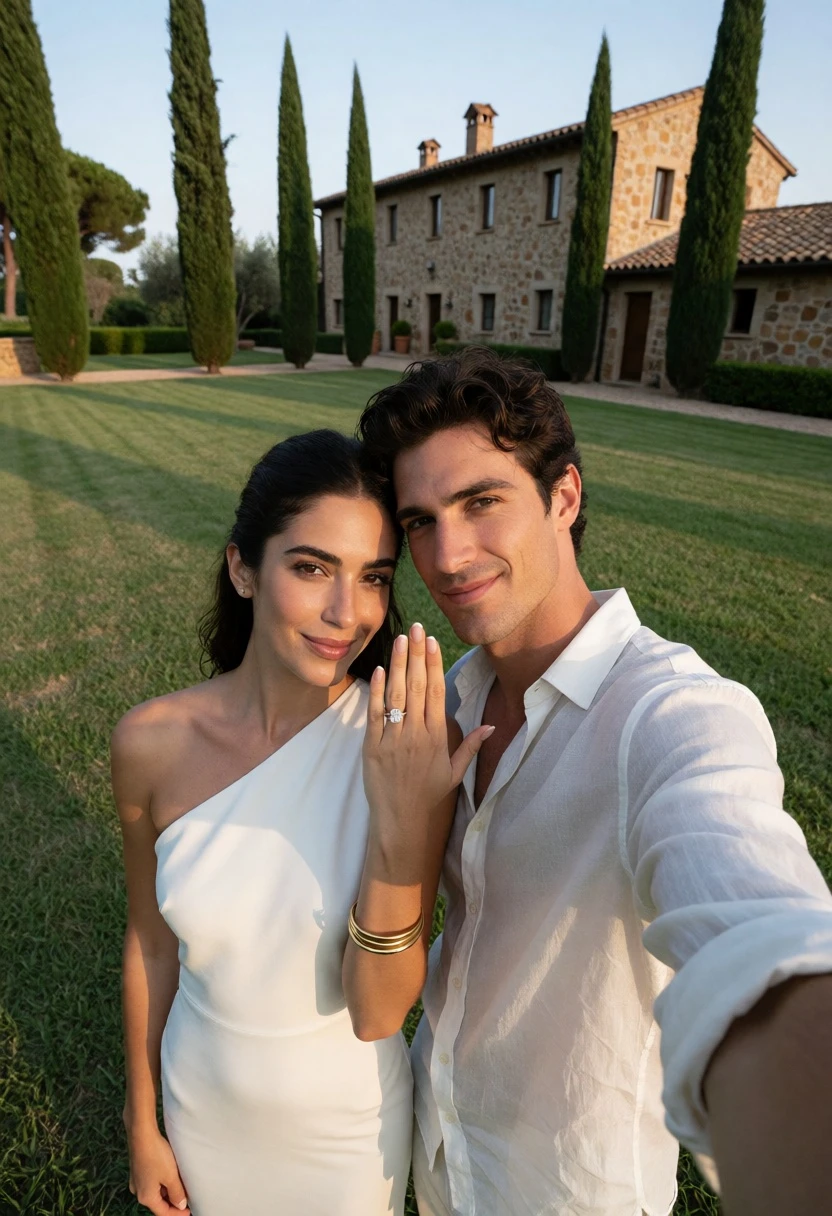 Couple taking a high angle selfie in front of rustic villa and - AI generated image prompt sample