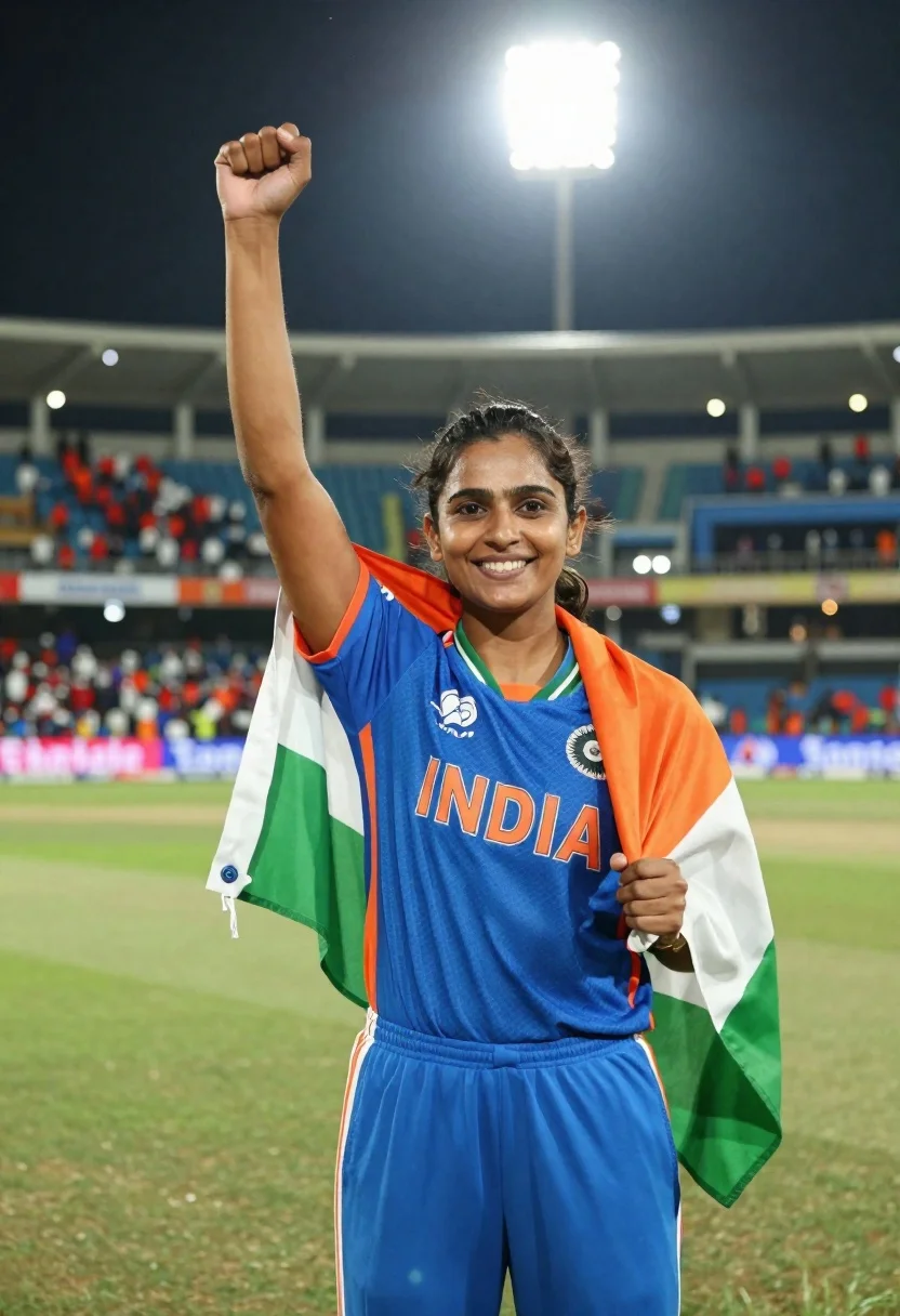 Female cricket player celebrating victory in stadium at night with flag - AI generated image prompt sample