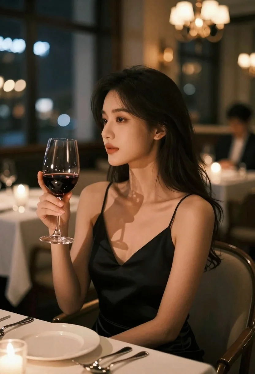 Contemplative young woman in black slip dress at candlelit restaurant table - AI generated image prompt sample
