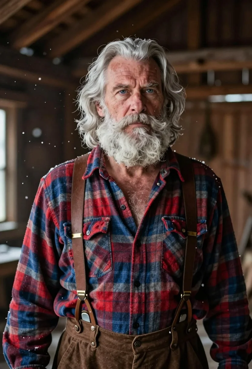 Elderly man with silver hair in plaid shirt standing in snowy wooden - AI generated image prompt sample