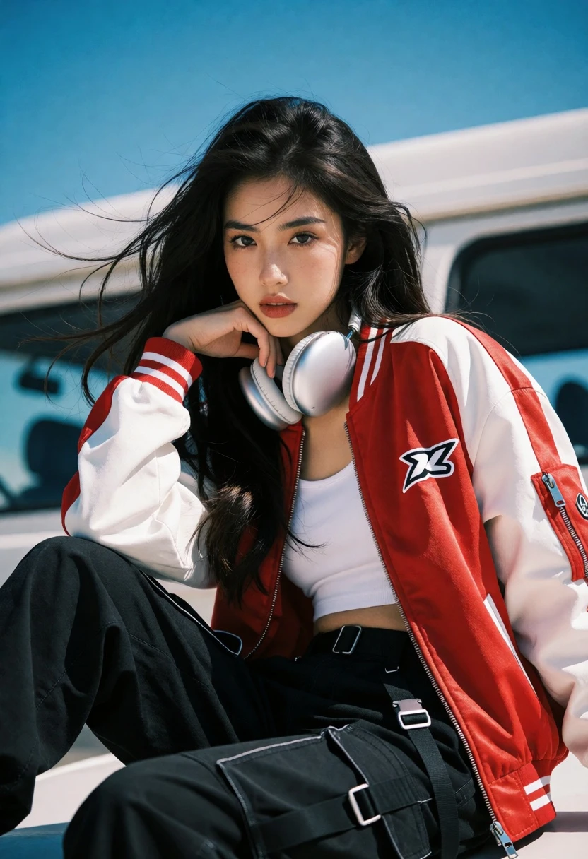 Young woman in bomber jacket leaning against white vehicle under blue sky - AI generated image prompt sample