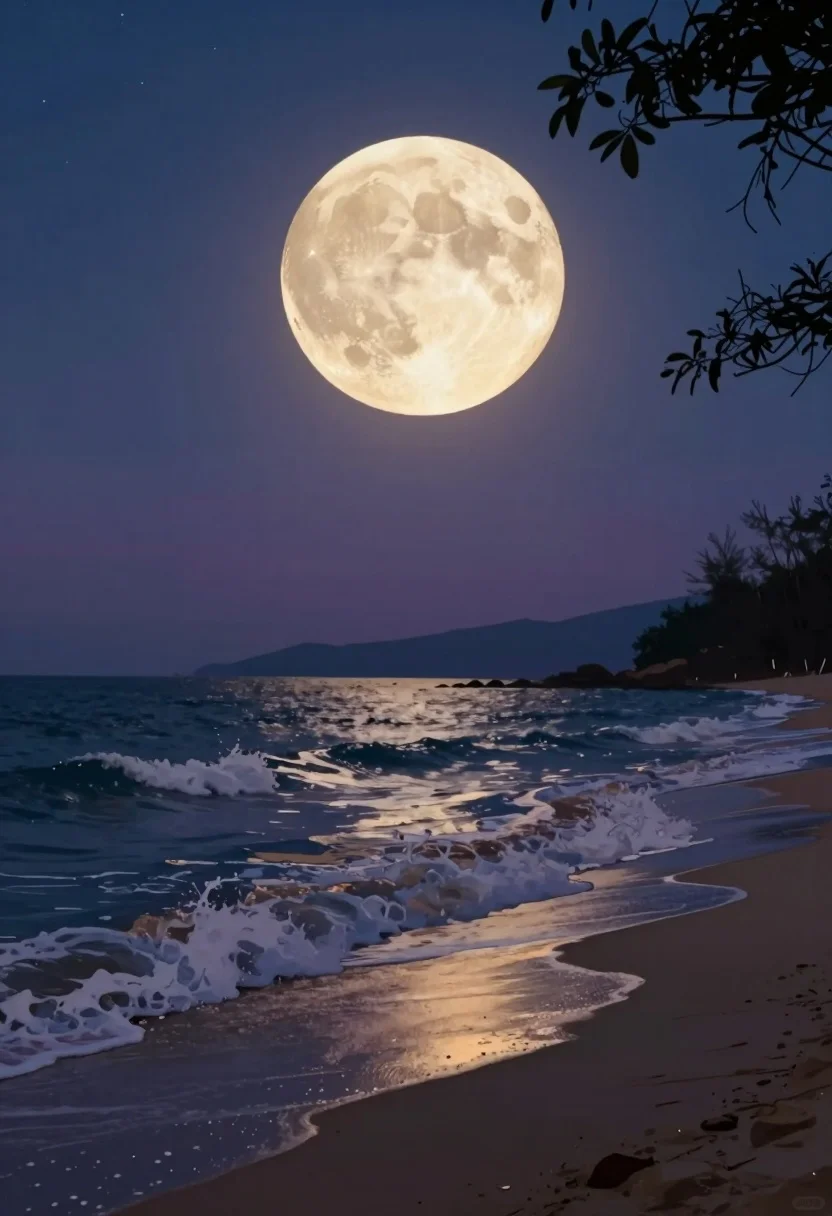 Hyperrealistic view of a massive full moon over calm ocean shoreline at - AI generated image prompt sample
