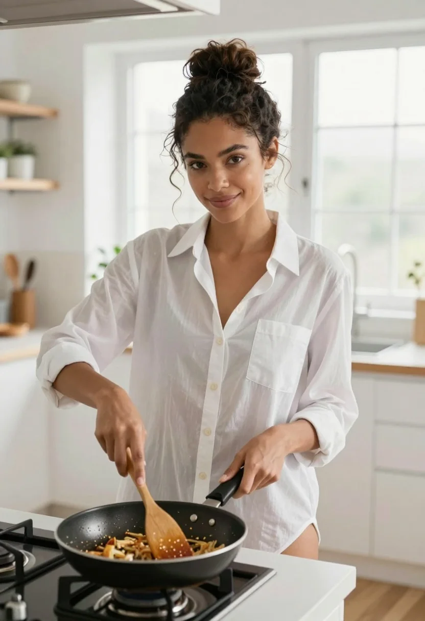 Young woman cooking in modern kitchen wearing sheer white shirt - AI generated image prompt sample