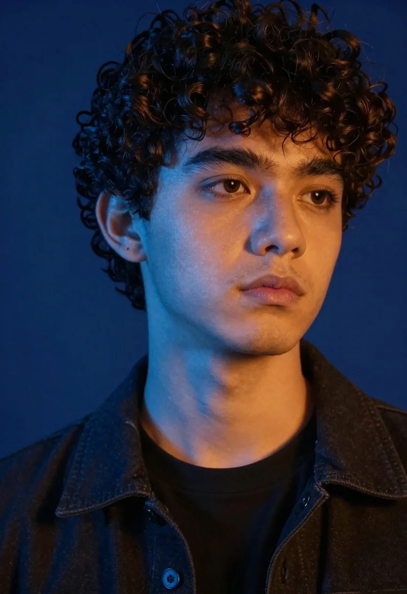 Close up portrait of young man with dark curly hair against blue - AI generated image prompt sample