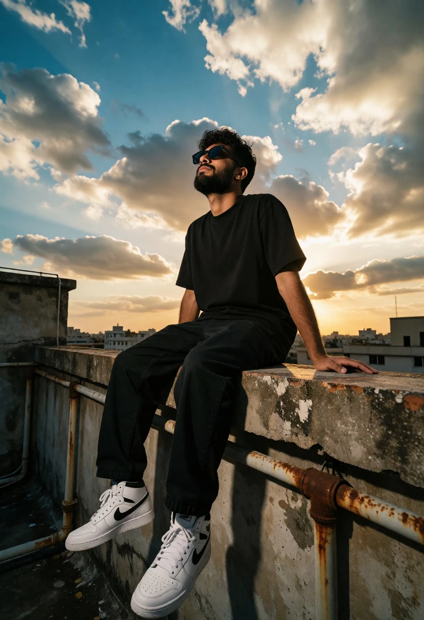 Bearded man sitting on concrete rooftop ledge against dramatic golden sunset sky - AI generated image prompt sample