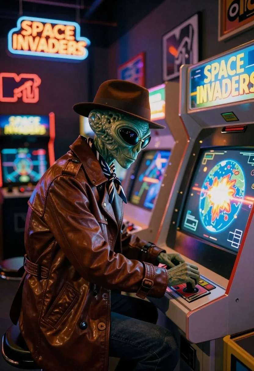 Man in fedora playing arcade game in neon lit hall