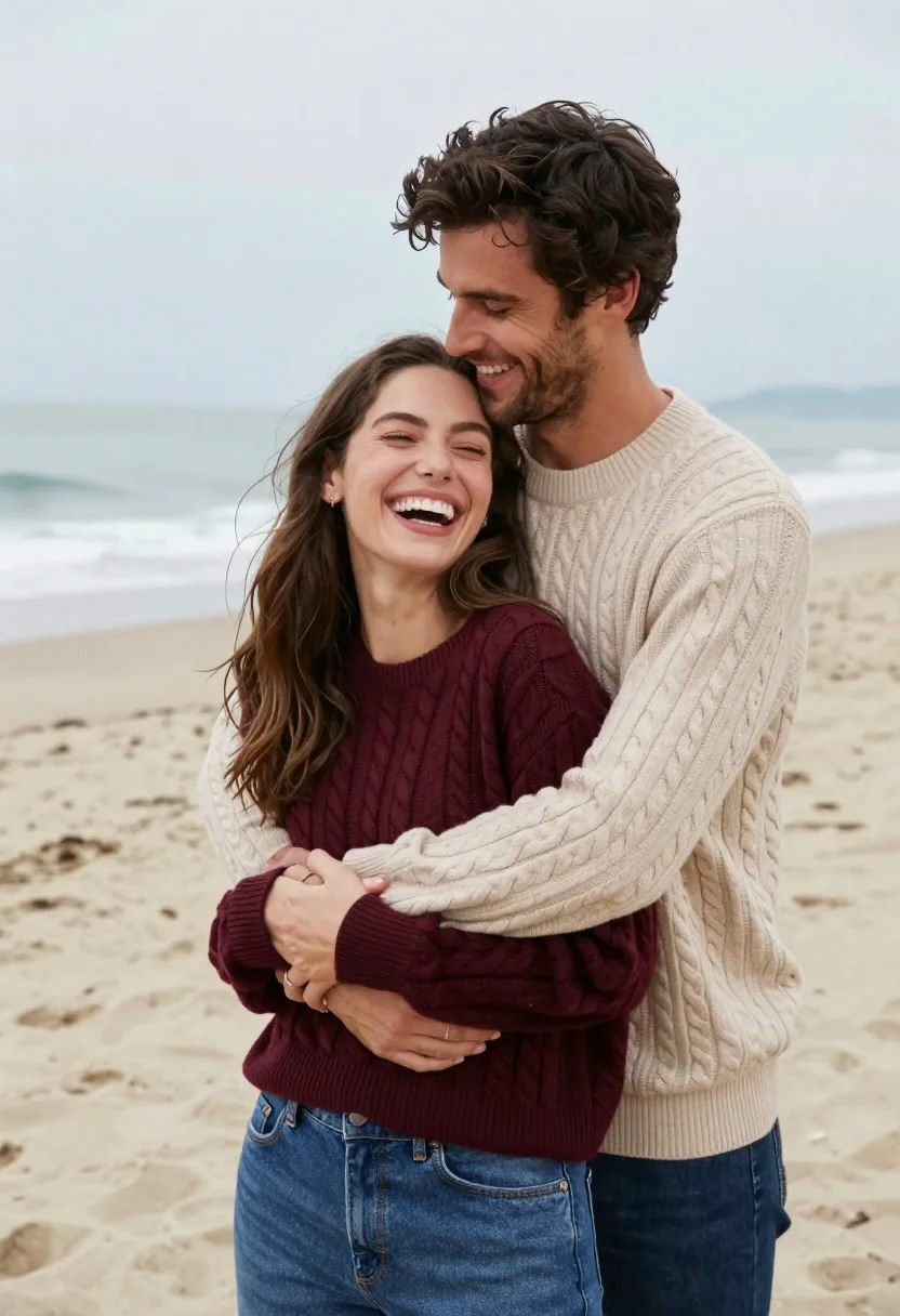 Young couple in knit sweaters embracing on a sandy beach - AI generated image prompt sample