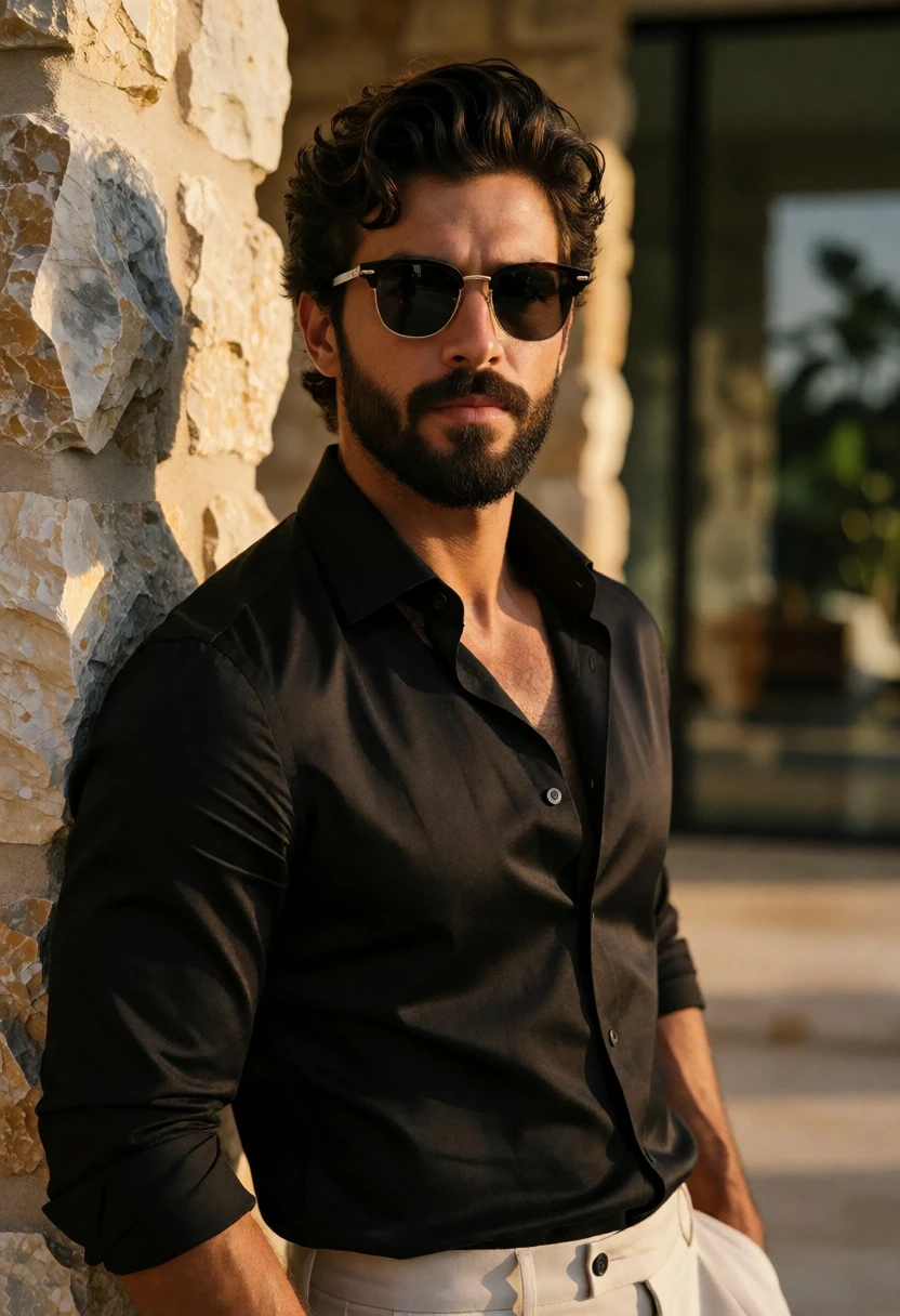 Handsome man leaning against stone wall in black shirt outdoors - AI generated image prompt sample