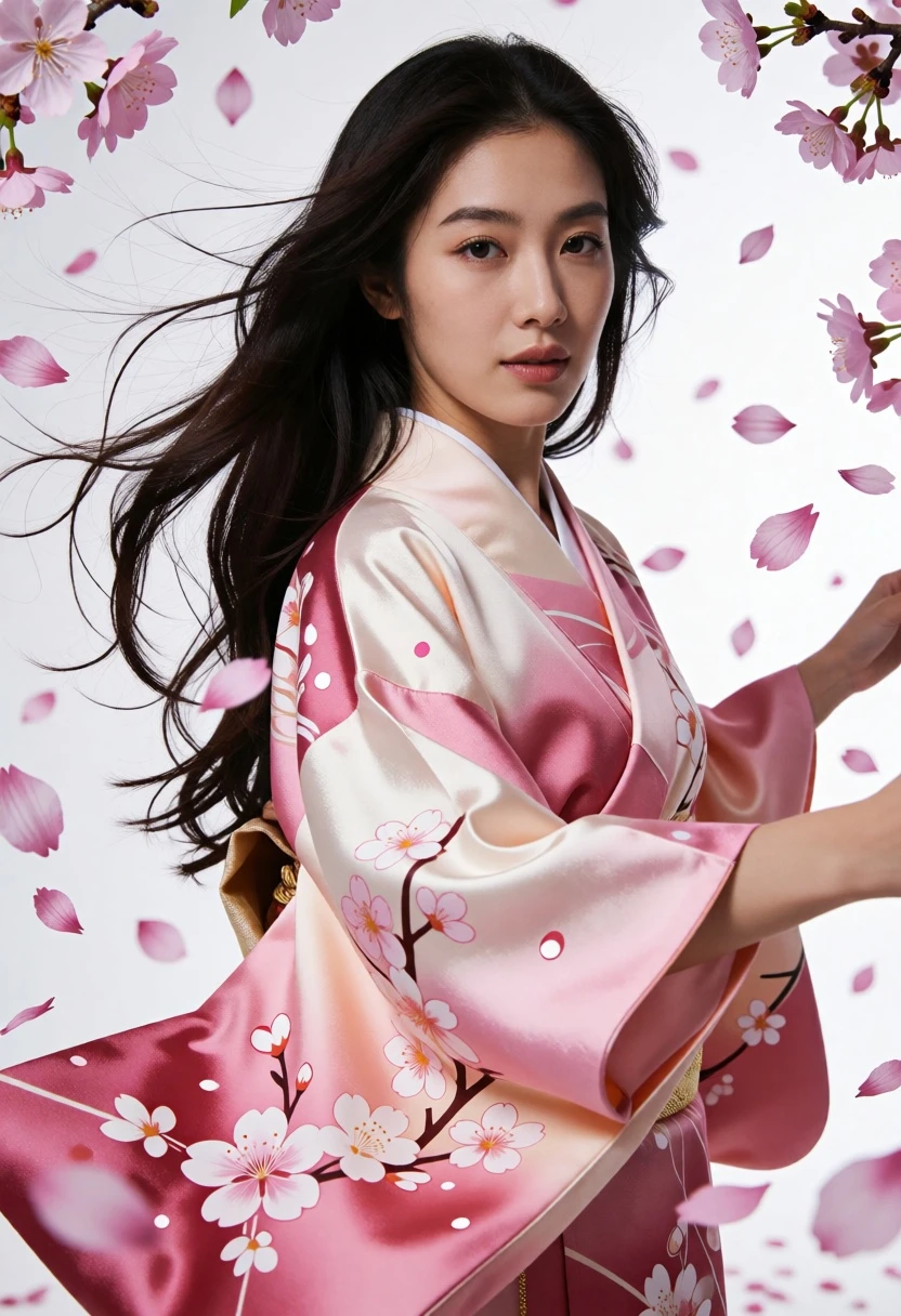 Woman in japanese kimono surrounded by pink cherry blossoms against white background - AI generated image prompt sample