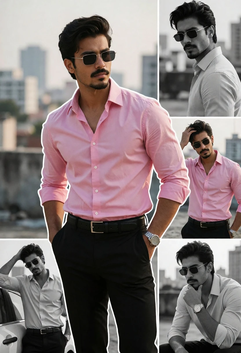Stylish young man with dark hair in pink shirt on urban rooftop - AI generated image prompt sample