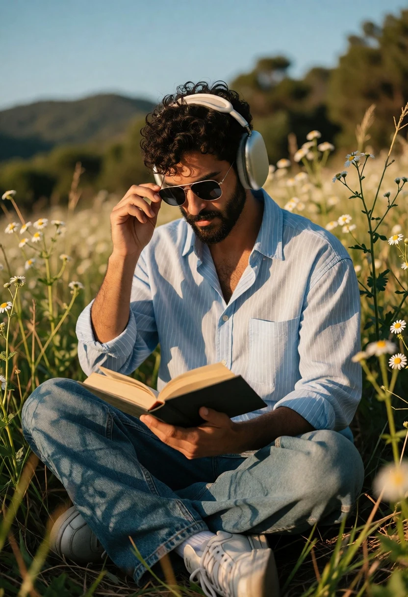 Young man reading book in sunlit meadow with wildflowers and headphones - AI generated image prompt sample