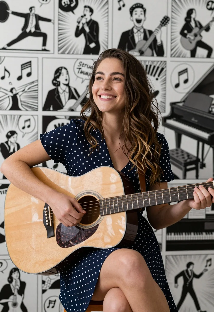 Smiling young woman with acoustic guitar against comic book panel collage background - AI generated image prompt sample