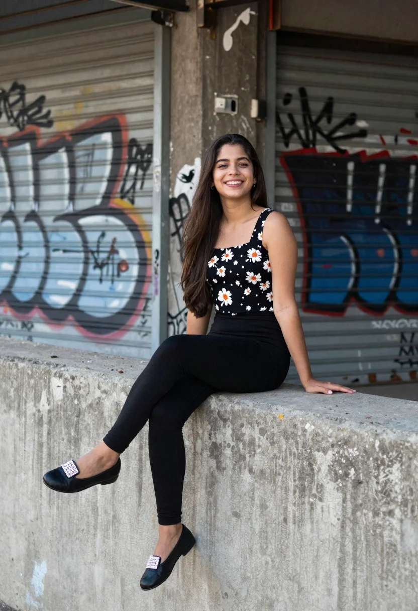 Young woman smiling on concrete ledge against graffiti covered shutters