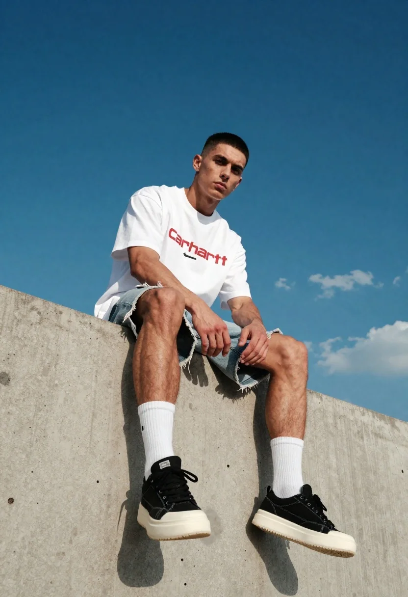 Young man sitting on concrete ledge under bright blue sky