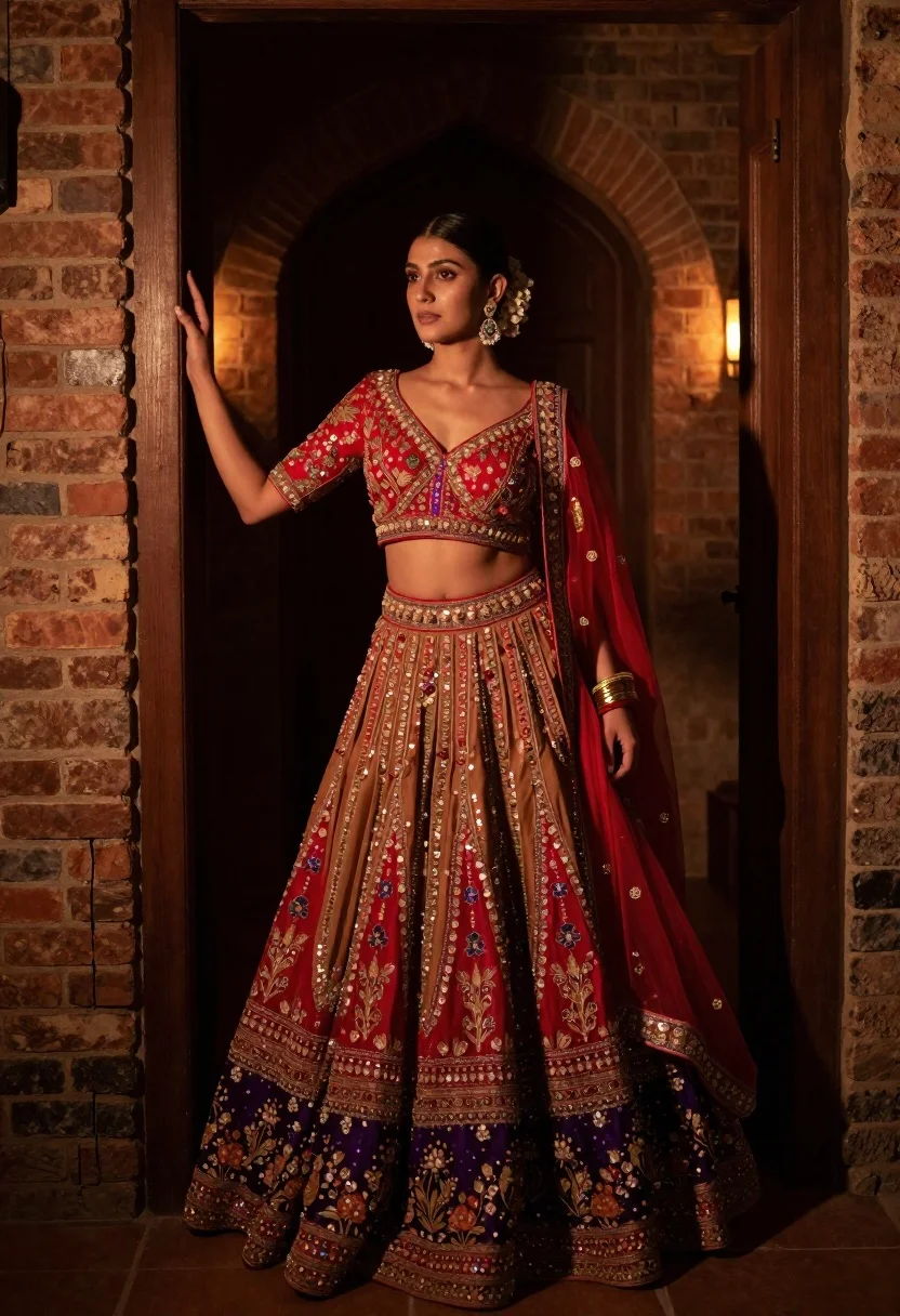 Young woman in elaborate embroidered lehenga choli inside rustic room