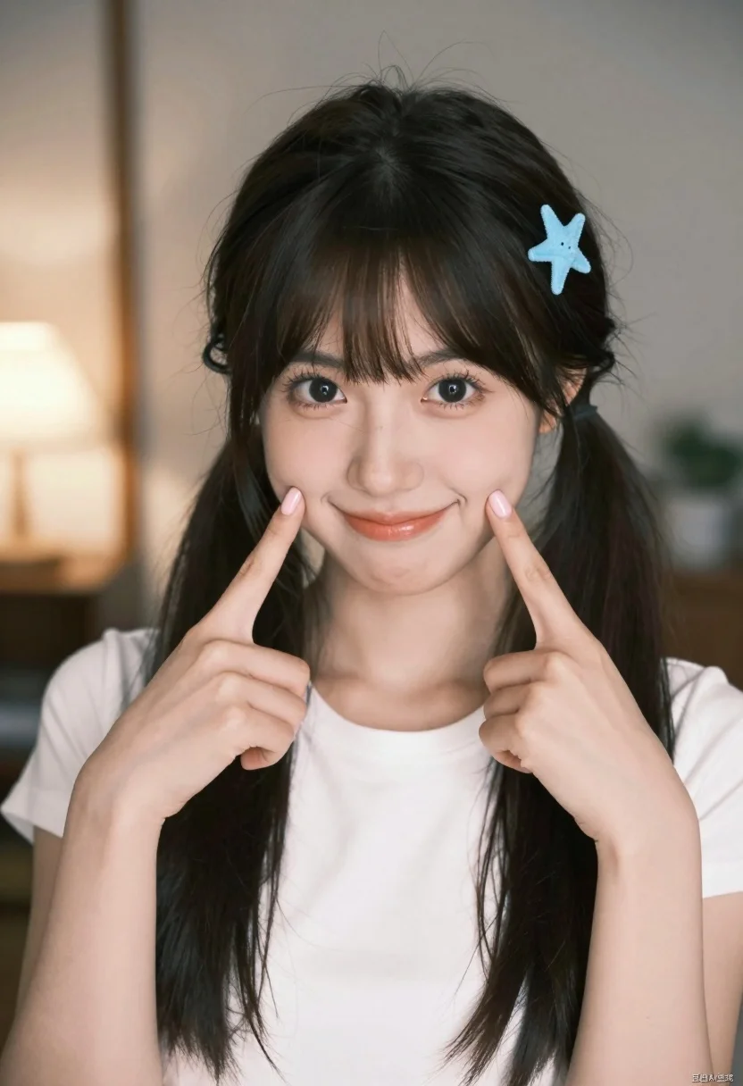 Close up portrait of young woman with dark hair pointing playfully indoors - AI generated image prompt sample